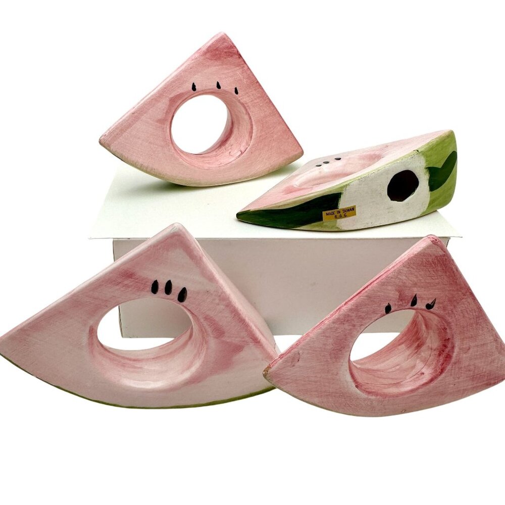 Vintage Watermelon Slice Ceramic Napkin Rings Set Of 4 Hand-Painted Fun & Quirky